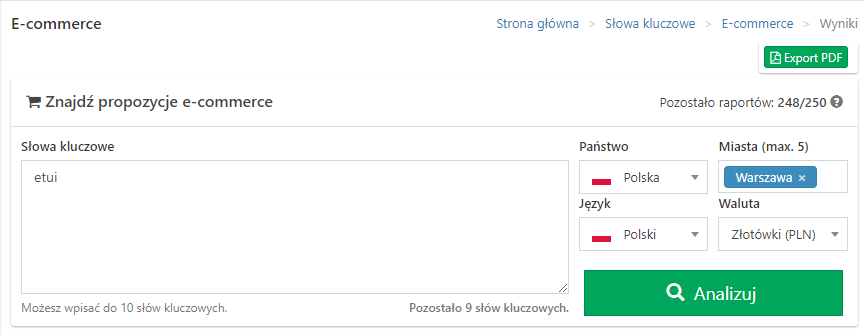 Narzędzie słów kluczowych e-commerce w SEMTORM