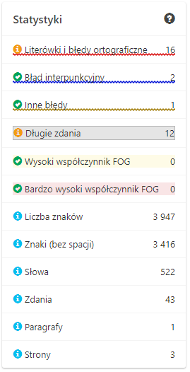 Podstawowe statystyki tworzonego tekstu.
