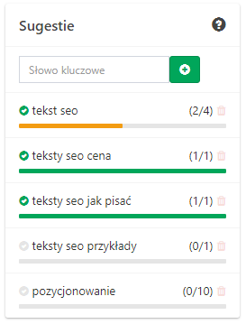 Blok ze słowami kluczowymi wskazujący, ile razy dana fraza powinna zostać użyta w tekście.