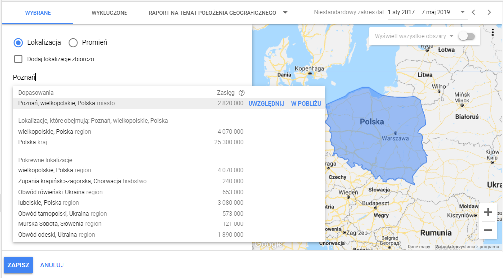 Ustawienie lokalizacji w kampanii Google Ads
