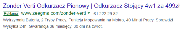 Przykład precyzyjnej reklamy Google Ads