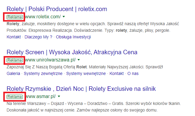 Przykład reklamy w wyszukiwarce Google Ads