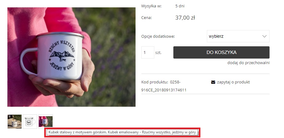 Przykład wyświetlenia atrybutu title na stornie sklepu internetowego