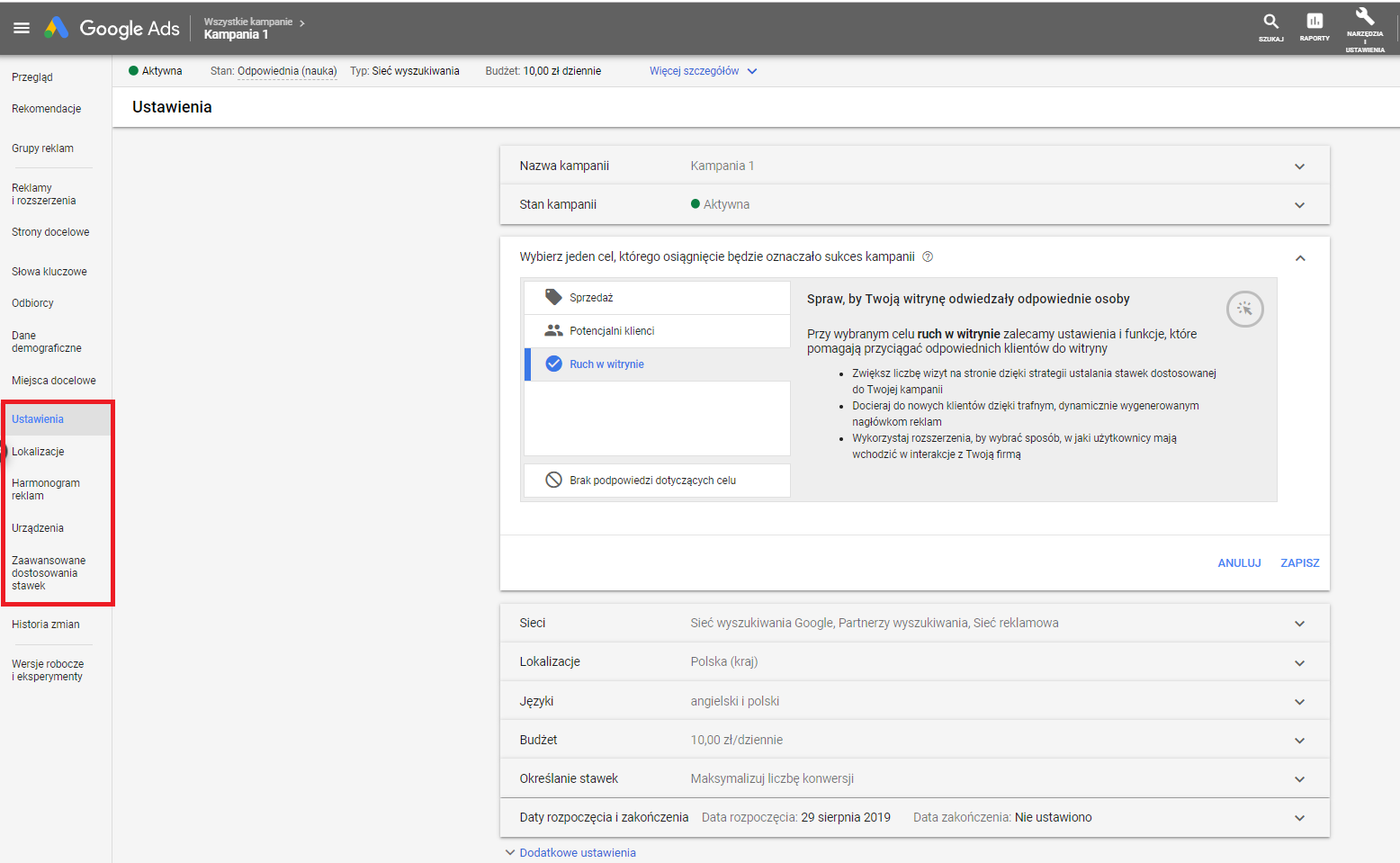 Ustawienia kampanii Google Ads