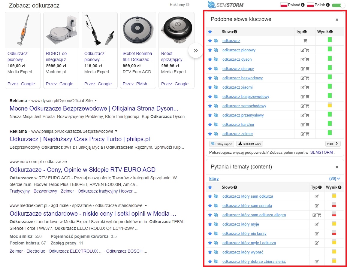 Wtyczka słów kluczowych SEMSTORM dostarcza podpowiedzi fraz w wynikach wyszukiwania Google